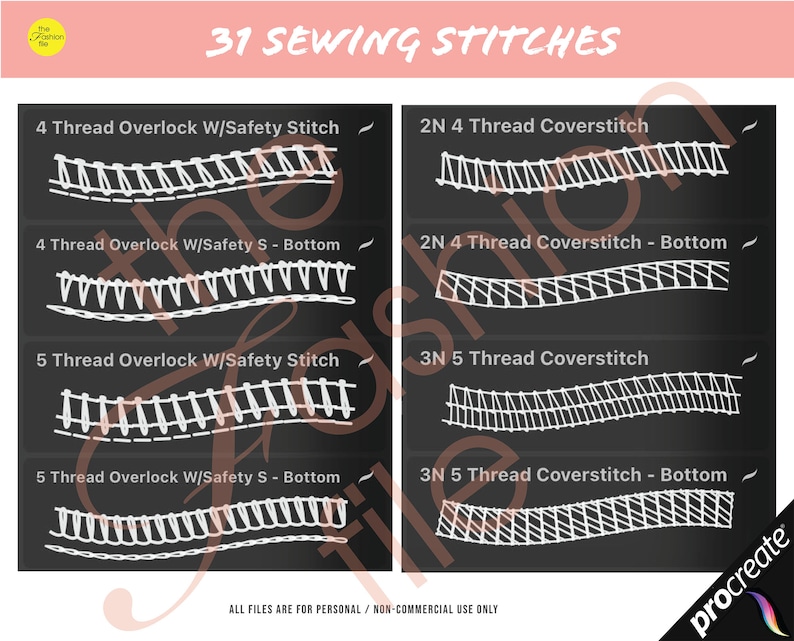 May include: A black and white illustration of 31 different sewing stitches, including 4 thread overlock with safety stitch, 2N 4 thread coverstitch, 5 thread overlock with safety stitch, and 3N 5 thread coverstitch. The text "31 SEWING STITCHES" is at the top of the image. The text "ALL FILES ARE FOR PERSONAL/NON-COMMERCIAL USE ONLY" is at the bottom of the image.
