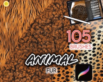 May include: A collection of 105 animal fur brushes for digital art. The image shows a variety of fur textures, including leopard, tiger, and bear. The brushes are designed to create realistic fur effects in digital art.
