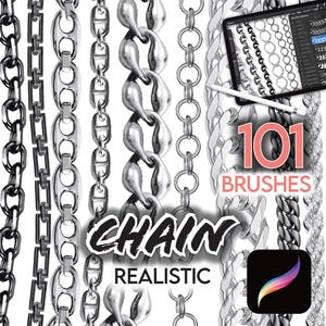 Op de afbeelding: 101 realistische kettingpenseels voor digitale kunst. De afbeelding toont een verscheidenheid aan kettingontwerpen, waaronder dikke, dunne en ingewikkelde stijlen. De penseels zijn perfect om realistische ketting effecten te creëren in je digitale kunstwerken.