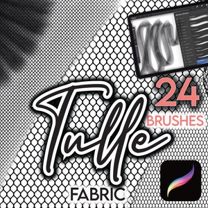 Può includere: Un'illustrazione digitale di un tessuto di tulle bianco e nero con il testo "Tulle Fabric" e "24 Brushes" in rosa. L'immagine mostra anche un tablet digitale con una libreria di pennelli e il logo Procreate.