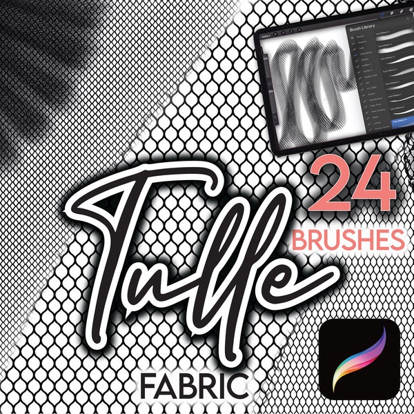 24 PINCEAUX EN TULLE PROCREATE • Texture de tissu en filet, croquis de robe en filet, dessin de robe pour bordures plates, pinceau Anime Manga • Ensemble de fichiers