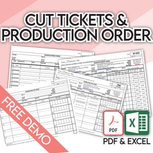 Può includere: Una demo gratuita di un modello di biglietto di taglio di produzione e ordine di produzione in formato PDF ed Excel. Il modello include sezioni per fornitore, data, stile, taglia, colore, quantità e prezzo. Il modello è progettato per l'uso nell'industria della moda.