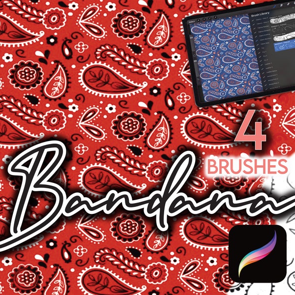 4 PROCREATE BANDANA TEXTURES • Bandana Western Paisley Fabric Textile Fashion Design Illustration Vêtements Brosses sans couture Anime Manga