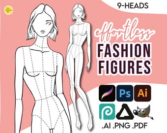 Può includere: Un disegno in bianco e nero di una figura di moda con nove teste. La figura è in piedi con una gamba leggermente piegata. Il disegno è etichettato "9-HEADS effortless FASHION FIGURES .AI .PNG .PDF".