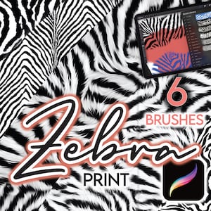 May include: A digital illustration of six zebra print brushes for digital art. The brushes are shown on a tablet screen with a zebra print background. The text "Zebra Print" and "6 Brushes" is also included in the image.