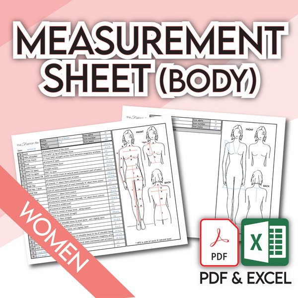 BODY MEASUREMENT SHEET Women Female Template Fashion Designer Fitness Diet Tracker • Blank Excel and Pdf files, and guide included • Bonus!