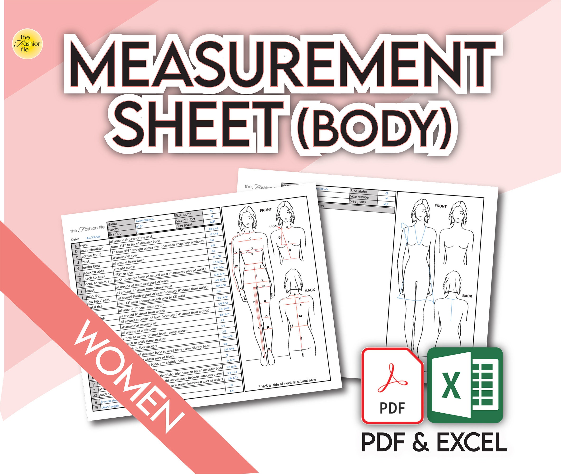 BODY MEASUREMENT SHEET Women Female Template Fashion Designer Fitness Diet Tracker • Blank Excel and Pdf files, and guide included • Bonus!