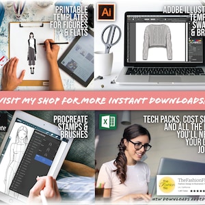 May include: A collage of images showcasing digital design resources for fashion designers. The images include a tablet with a fashion illustration app, a laptop with Adobe Illustrator software, and a laptop with a spreadsheet program. The text on the images includes "Printable Templates for Figures & Flats", "Adobe Illustrator Templates Swatches & Brushes", "Procreate Stamps & Brushes", "Tech Packs, Cost Sheets, and All the Forms You'll Need on Your Design Journey", and "TheFashionFile".