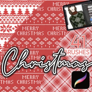 May include: A digital illustration of 41 Christmas themed brushes for use in digital art programs. The brushes are displayed on a tablet screen with a red and white plaid background. The text "41 Brushes" is displayed in white on a red background. The text "Christmas" is written in black cursive script over the image.