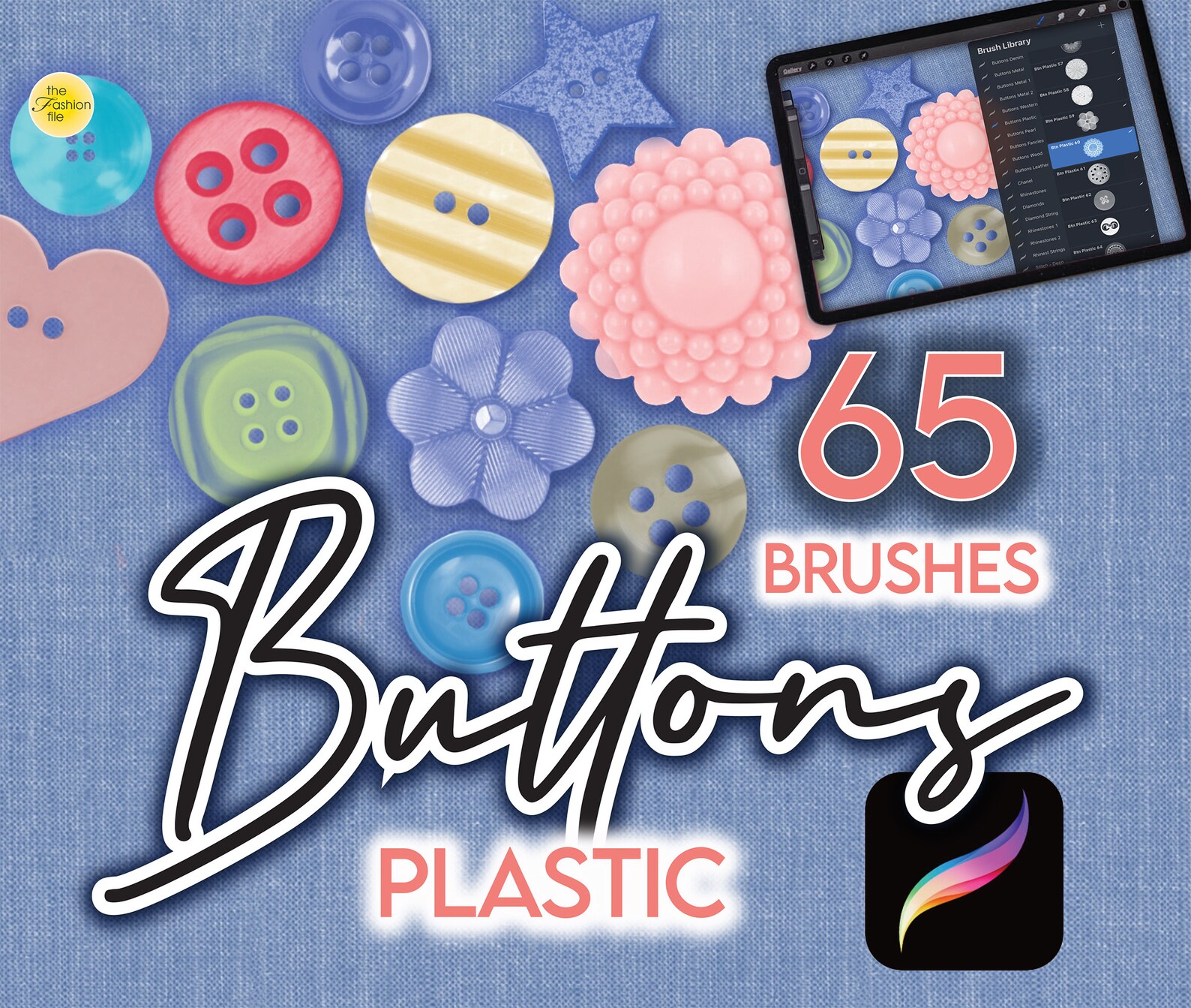 65 PROCREATE FASHION BRUSHES • Realistic Plastic Buttons Stamps + Free ...