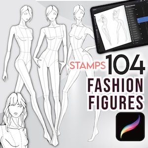 104 PROCREATE FASHION FIGURES Stamps • 9-Head Female Body Sketch Pose Templates -  .Brushset + Png files + Free Hair Pack + Bonus!