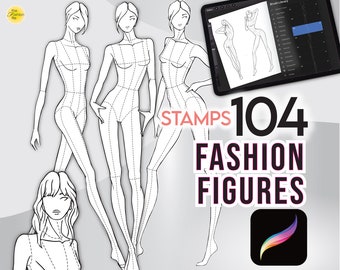 104 PROCREATE FASHION FIGURES Stamps • 9-Head Female Body Sketch Pose Templates -  .Brushset + Png files + Free Hair Pack + Bonus!