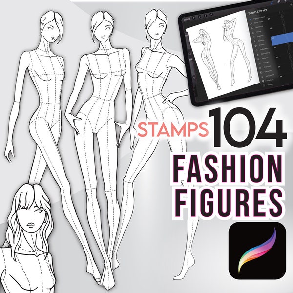 104 PROCREATE FASHION FIGURES Stamps • 9-Head Female Body Sketch Pose Templates -  .Brushset + Png files + Free Hair Pack + Bonus!