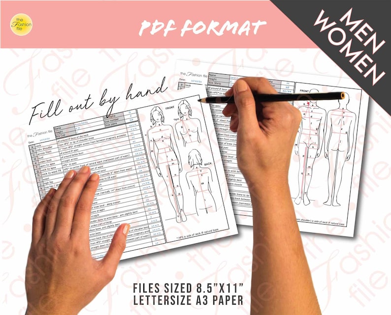 May include: A printable PDF form for measuring body dimensions. The form includes a chart with measurements and a line drawing of a person's body with numbered points for marking measurements. The text "Fill out by hand" is written on the form. The form is labeled "PDF Format" and "Men Women".