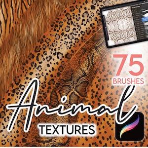 May include: A digital illustration of animal textures with a brush icon and the text "75 Brushes" and "Animal Textures".