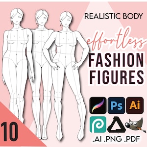 10 STANDARD / REALISTIC Body Fashion Figure Templates • Pdf Ai Png for Procreate • Designer Croquis + Free Basic Hair Pack & Bonus