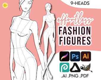 Può includere: Un'illustrazione digitale di una figura di moda con nove teste, che mostra le proporzioni e la costruzione del corpo. La figura è delineata in nero con linee tratteggiate e sta in piedi con una gamba leggermente piegata. Il testo "9-HEADS effortless FASHION FIGURES" è visualizzato nell'angolo in alto a destra dell'immagine. Il testo ".AI .PNG .PDF" è visualizzato nell'angolo in basso a destra dell'immagine.