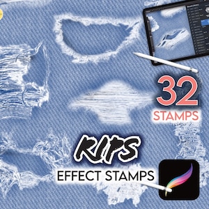 32 PROCREATE FABRIC RIPS • Procreate Stamps Textile Distress Effects Rips Holes Frayed Vintage Denim Fashion Design Clothes Anime Manga