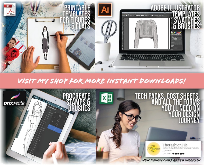 K&ouml;nnte beinhalten: Eine Collage aus Bildern, die digitale Designressourcen f&uuml;r Modedesigner pr&auml;sentieren. Die Bilder zeigen ein Tablet mit einer Mode-Illustrations-App, einen Laptop mit der Software Adobe Illustrator und ein Tablet mit der Software Procreate. Der Text auf den Bildern lautet "Druckbare Vorlagen f&uuml;r Figuren & Flats", "Adobe Illustrator Vorlagen Swatches & Brushes", "Procreate Stempel & Pinsel" und "Tech Packs, Kostenbl&auml;tter und alle Formulare, die Sie f&uuml;r Ihre Designreise ben&ouml;tigen".