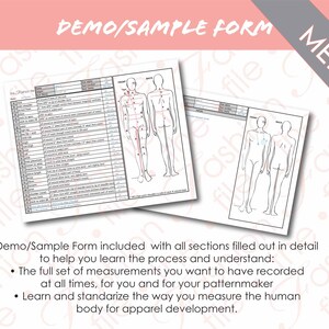 Puede incluir: Una ilustraci&oacute;n en blanco y negro de una tabla de medidas corporales para hombres. La tabla incluye una tabla con medidas y un diagrama del cuerpo de un hombre con puntos numerados para tomar medidas. El texto "DEMO/SAMPLE FORM" est&aacute; en la parte superior de la tabla.