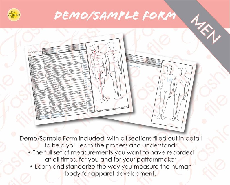 Puede incluir: Una ilustraci&oacute;n en blanco y negro de una tabla de medidas corporales para hombres. La tabla incluye una tabla con medidas y un diagrama del cuerpo de un hombre con puntos numerados para tomar medidas. El texto "DEMO/SAMPLE FORM" est&aacute; en la parte superior de la tabla.