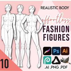 10 種類の標準 / リアルなボディ ファッション フィギュア テンプレート • Procreate 用 PDF Ai PNG • デザイナー クロッキー + 無料の基本ヘア パック & ボーナス