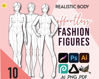 10 STANDARD / REALISTIC Body Fashion Figure Templates • Pdf Ai Png for Procreate • Designer Croquis + Free Basic Hair Pack & Bonus