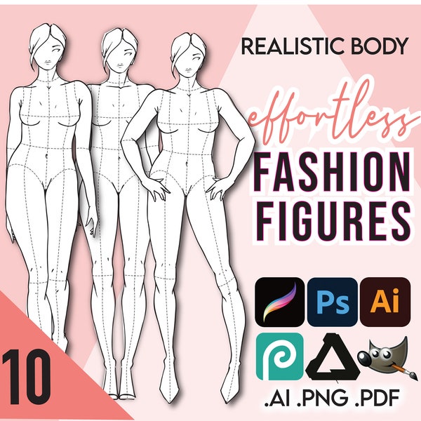 10 STANDARD / REALISTIC Body Fashion Figure Templates • Pdf Ai Png for Procreate • Designer Croquis + Free Basic Hair Pack & Bonus