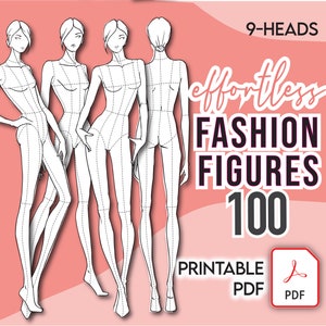 Fashion FIGURES 100 POSES TEMPLATES Pack • 9-Head Female Sketches - Printable Pdf • Instant Download + Free Basic Hair Pack & Bonus File