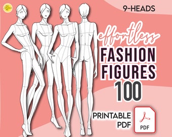 Fashion FIGURES 100 POSES TEMPLATES Pack • 9-Head Female Sketches - Printable Pdf • Instant Download + Free Basic Hair Pack & Bonus File