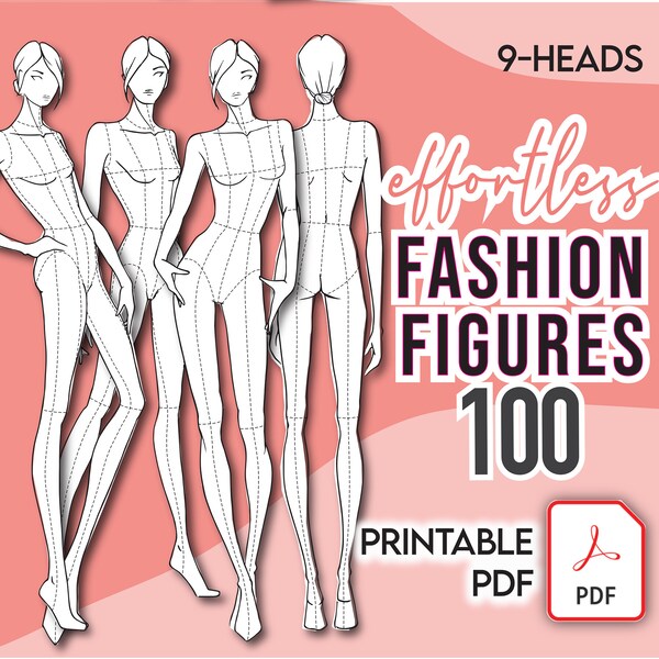 Fashion Figuren 100 POSES VORLAGEN Paket • 9-köpfige weibliche Skizzen - Druckbare Pdf • Sofortiger Download + kostenloses Basic Hair Pack & Bonus Datei