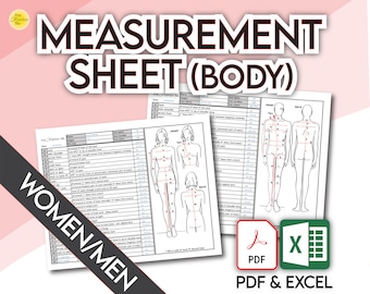 Fashion Template Women & Men BODY MEASUREMENT SHEETS • Sewing Measurement Sheet • Blank Excel and Pdf files, and guide • +Free Bonus!