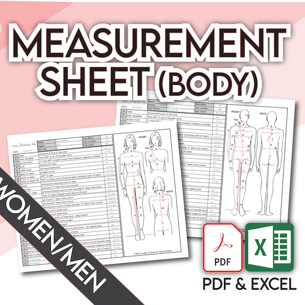 Fashion Template Women & Men BODY MEASUREMENT SHEETS • Sewing Measurement Sheet • Blank Excel and Pdf files, and guide • +Free Bonus!