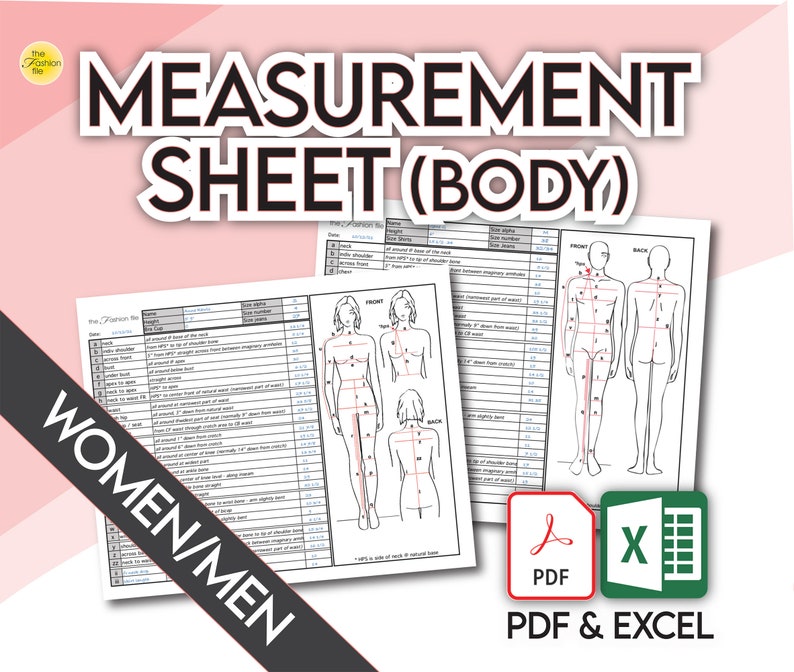May include: A printable measurement sheet for taking body measurements. The sheet includes diagrams of a person's front and back, with numbered points indicating where to take measurements. The sheet is available in PDF and Excel formats.