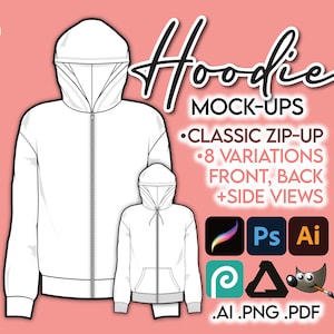 ZIP HOODIE MOCKUP Vector Streetwear Clothing Template • Ai/Pdf/Png • Front, Side, Back • Adobe Illustrator Photoshop Procreate Affinity Gimp