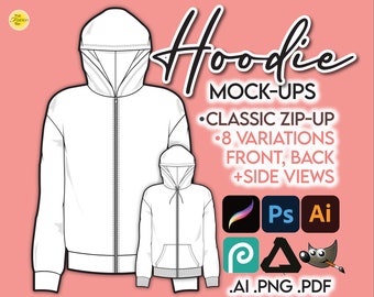 ZIP HOODIE MOCKUP Vector Streetwear Clothing Template • Ai/Pdf/Png • Front, Side, Back • Adobe Illustrator Photoshop Procreate Affinity Gimp