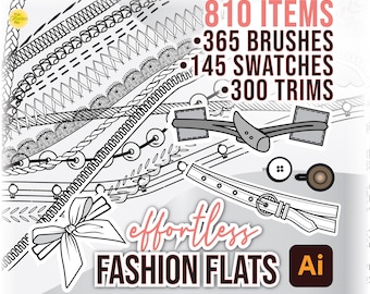 365 BRUSHES 300 TRIMS 145 SWATCHES for Fashion Flats • Adobe Illustrator: Stitches, Trims, Rib, Knit, Braids, Fur, Ruffles, Buttons, Ties
