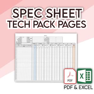 May include: A black and white spec sheet template for tech pack pages. The sheet includes columns for date, division, style number, style name, description, size range, tech designer, fabric code, content, color/wash, vendor, sample view, fold line, target, sample size, sample date, pre-production, new sample, new sample date, new sample spec, sample spec, total spec, and total spec date.