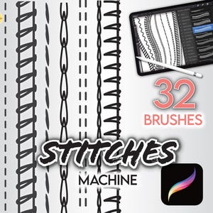 32 PENNELLI PROCREATE FASHION • Punti per schizzi piatti Ago singolo e doppio, punto di copertura, overlock e altro • File di pennelli + bonus gratuito!