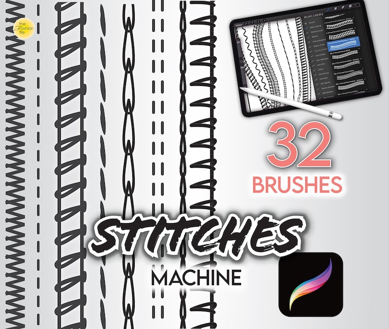 May include: A set of 32 machine stitch brushes for digital art. The brushes are displayed on a tablet screen with a stylus. The text "STITCHES MACHINE" is in a large font on the image.