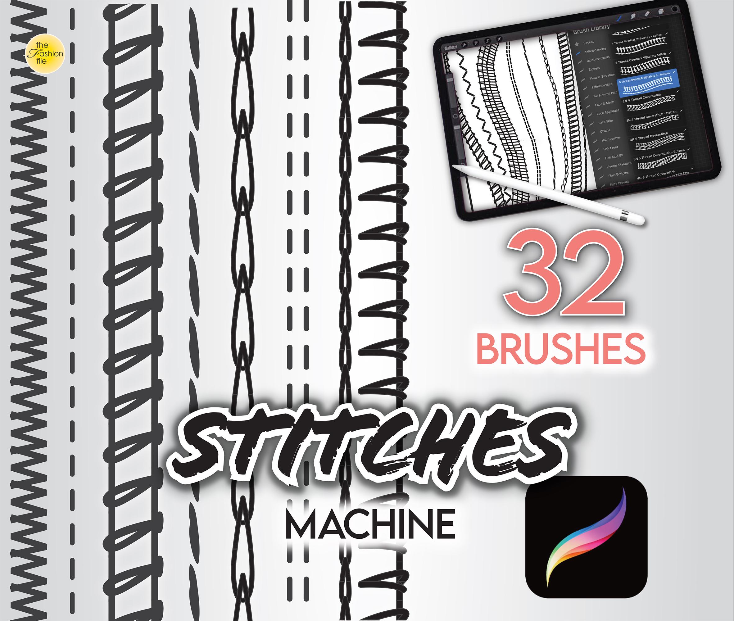 32 pinceles de puntadas para Procreate (flats de moda) – aguja simple y doble, overlock, coverstitch + bonus