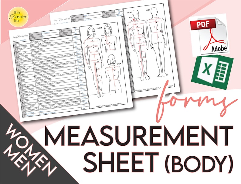 May include: A printable measurement sheet for taking body measurements. The sheet includes a chart with measurements and diagrams of a person's front and back.