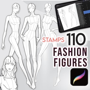 Pode incluir: 110 selos de figuras de moda para ilustração digital. A imagem mostra quatro figuras de moda em várias poses, com um tablet que exibe uma biblioteca de pincéis e o texto "STAMPS 110 FASHION FIGURES".