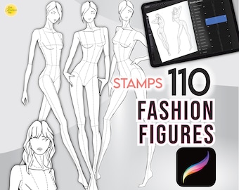 110 PROCREATE FASHION FIGURES Stamps • 9-Head Female Body Sketch Pose Templates -  .Brushset + Png files + Free Hair Pack + Bonus!