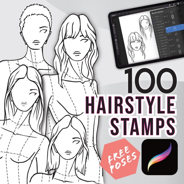 100 PROCREATE HAIRSTYLE Stamps • Sized to fit 9-Head Female Pose Templates Packs -  Brush library.brushset + Png included & Bonus File!