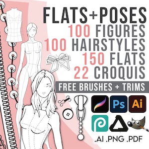FASHION SKETCH TEMPLATES • Pdf, Ai, Png • 100 Poses + 100 Hairstyles + 150 Flats / Body Croquis + Free 180 Brushes 140 Swatches  & 130 Trims