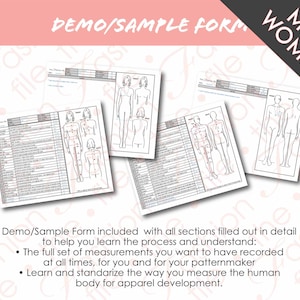 May include: A black and white demo form with a title that reads "DEMO/SAMPLE FORM" and the words "MEN" and "WOMEN" in large font. The form includes a table with measurements and a diagram of a human body with points marked for measurement.