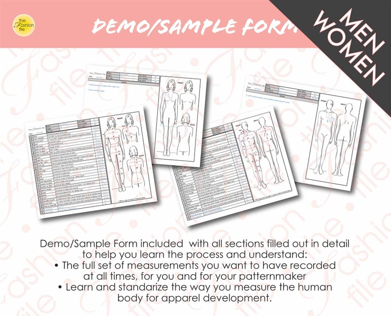 May include: A black and white demo form with a title that reads "DEMO/SAMPLE FORM" and the words "MEN" and "WOMEN" in large font. The form includes a table with measurements and a diagram of a human body with points marked for measurement.