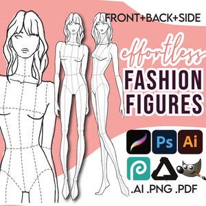 ファッションイラストクロッキーテンプレート • 印刷可能なPDF • Adobe Illustrator Ai • Procreate用Png • 女性の9頭身フィギュア + 無料ボーナスファイル