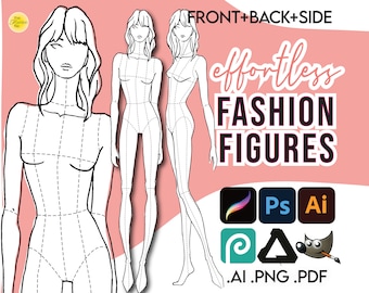 Può includere: Tre modelli di figure di moda in bianco e nero per le viste frontale, posteriore e laterale. Le figure sono delineate da linee tratteggiate e hanno segni per le proporzioni del corpo. Il testo "effortless FASHION FIGURES" è in rosa e bianco. Il testo ".AI .PNG .PDF" è sotto le figure.